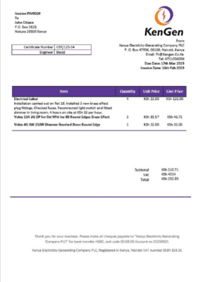 Kenya KenGen Electricity Generating Company utility bill template in Word and PDF format