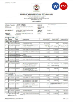 KENYA MURANGA UNIVERSITY OF TECHNOLOGY fee statement Word and PDF template