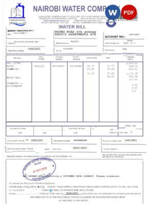 KENYA NAIROBI WATER utility bill Word and PDF template