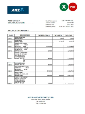 Kiribati ANZ bank statement Excel and PDF template