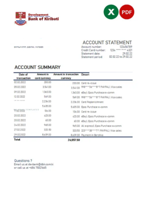 Kiribati Development Bank of Kiribati Excel and PDF template