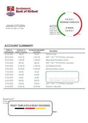 Kiribati Development Bank of Kiribati proof of address bank statement template in Word and PDF format (.doc and .pdf)