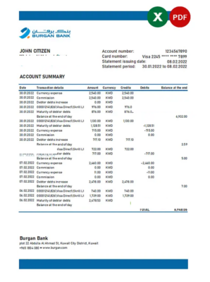 Kuwait Burgan bank statement Excel and PDF template