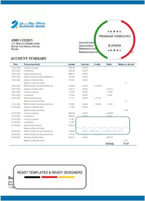 Kuwait Burgan bank statement template in Word and PDF format, fully editable