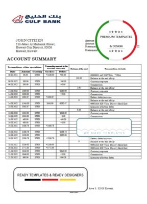 Kuwait Gulf bank statement template in Word and PDF format, fully editable