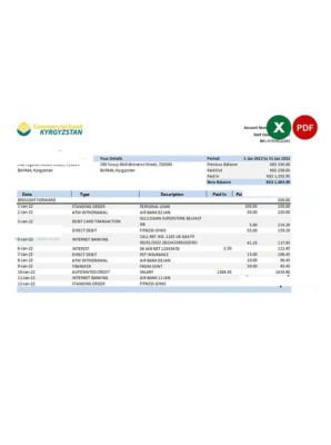 Kyrgyzstan Commercial bank statement Excel and PDF template