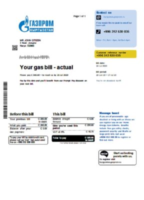 Kyrgyzstan Gazprom utility bill template in Word and PDF format