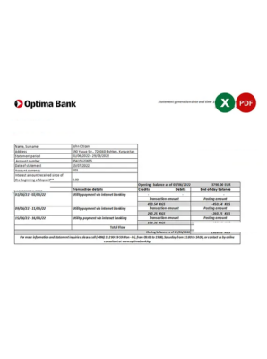 Kyrgyzstan Optima bank statement Excel and PDF template