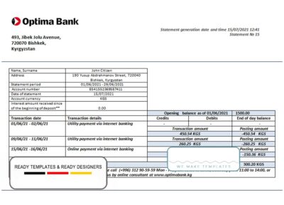 Kyrgyzstan Optima bank statement template in Word and PDF format