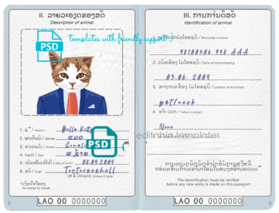 Laos cat (animal, pet) passport PSD template, completely editable