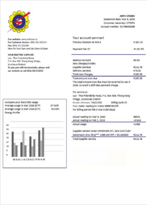 Laos Electricite du Laos electricity utility bill template in Word and PDF format