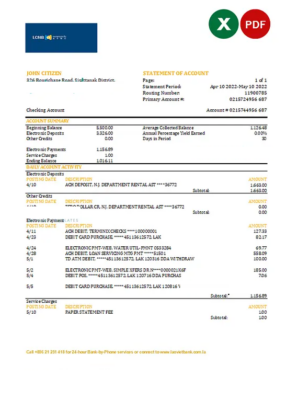 Laos LCNB bank statement Excel and PDF template