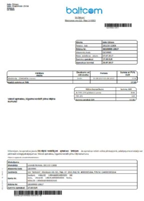 Latvia Baltcom telecommunications utility bill template in Word and PDF format (Latvian version)