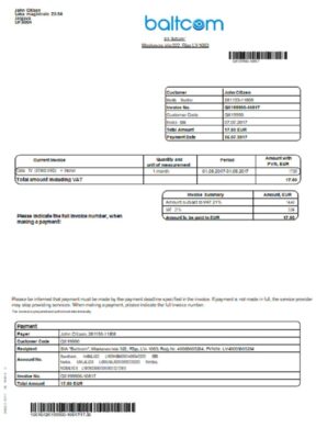 Latvia Baltcom telecommunications utility bill template in Word and PDF format (English version)