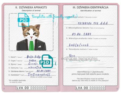 Latvia cat (animal, pet) passport PSD template, fully editable