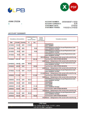 Latvia LPB bank statement Excel and PDF template