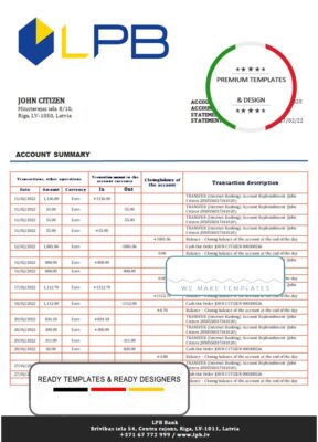 Latvia LPB bank statement template, Word and PDF format (.doc and .pdf)