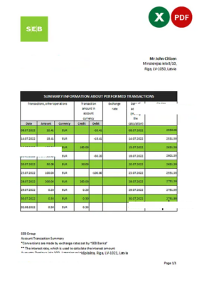 Latvia SEB bank statement Excel and PDF template