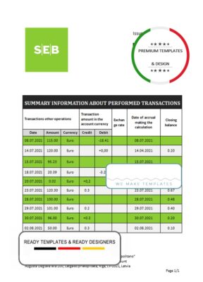 Latvia SEB bank statement template, Word and PDF format (.doc and .pdf)