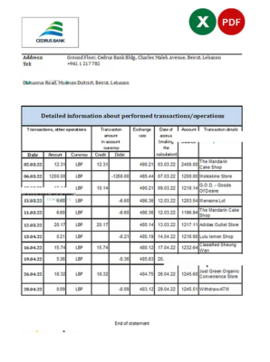 Lebanon Cedrus bank statement Excel and PDF template