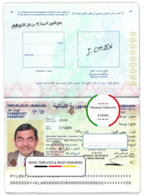 Lebanon passport template in PSD format, fully editable