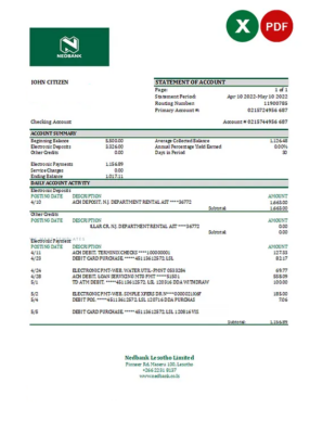 Lesotho Nedbaank bank statement Excel and PDF template