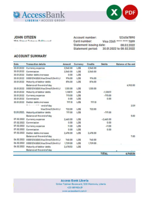 Liberia Access Bank statement Excel and PDF template