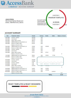 Liberia Access bank statement template in Word and PDF format