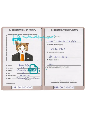 Liberia cat (animal, pet) passport PSD template, fully editable