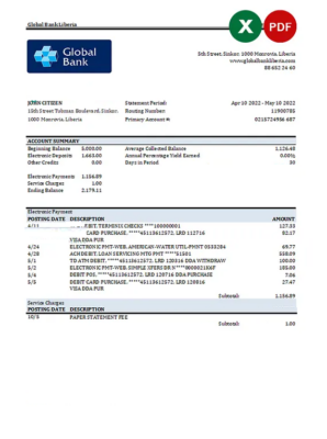 Liberia Global Bank statement Excel and PDF template