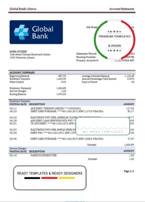 Liberia Global bank statement template in Word and PDF format