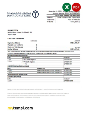 Libya Jumhouria bank statement Excel and PDF template