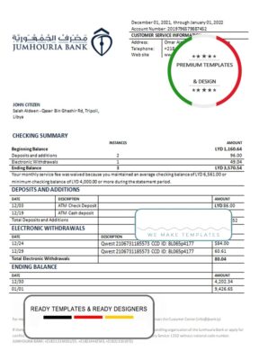 Libya Jumhouria Bank statement template in Word and PDF format