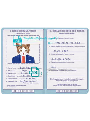 Liechtenstein cat (animal, pet) passport PSD template, fully editable