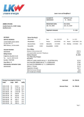 Liechtenstein Ische Kraftwerke (LKW) electricity utility bill template in Word and PDF format