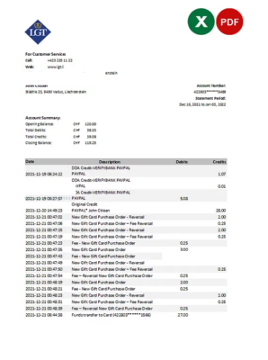 Liechtenstein LGT bank statement Excel and PDF template