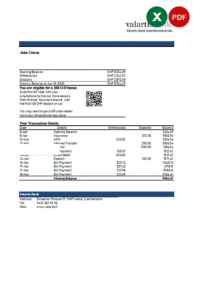 Liechtenstein Valartis bank statement Excel and PDF template