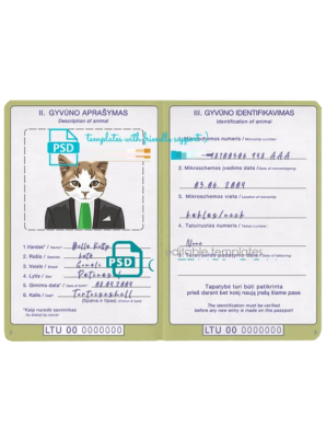 Lithuania cat (animal, pet) passport PSD template, completely editable