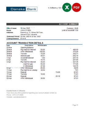 Lithuania Danske bank statement Excel and PDF template