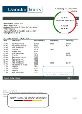 Lithuania (Litva) Danske bank statement template in Word and PDF format