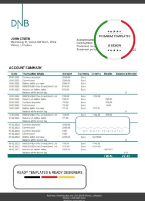 Lithuania (Litva) DNB bank statement template in Word and PDF format