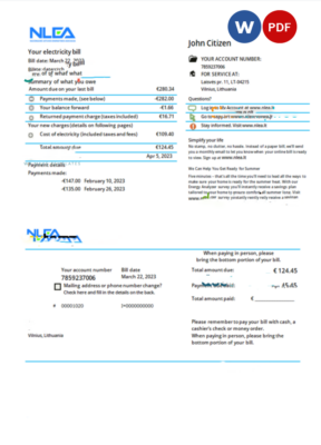 Lithuania National Lithuanian Energy Association utility bill Word and PDF template