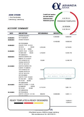 Luxembourg Advanzia bank proof of address statement template in Word and PDF format, .doc and .pdf format