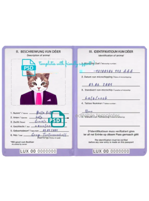 Luxembourg cat (animal, pet) passport PSD template, fully editable