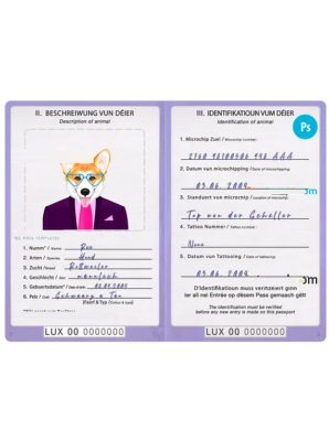 Luxembourg dog (animal, pet) passport PSD template, fully editable