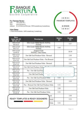 Luxembourg Fortuna Banque bank proof of address statement template in Word and PDF format, .doc and .pdf format