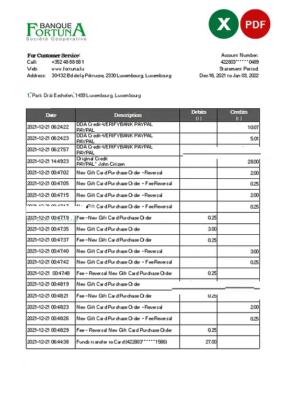 Luxembourg Fortuna Banque bank statement Excel and PDF template