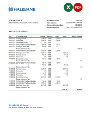 Macedonia Halkbank bank statement Excel and PDF template