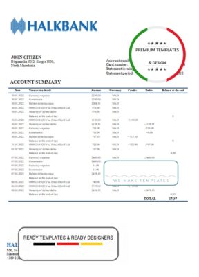 Macedonia Halkbank bank statement template in Word and PDF format