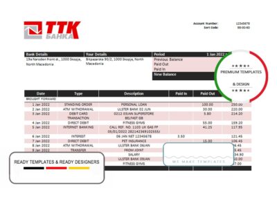 Macedonia TTK bank statement template in Word and PDF format